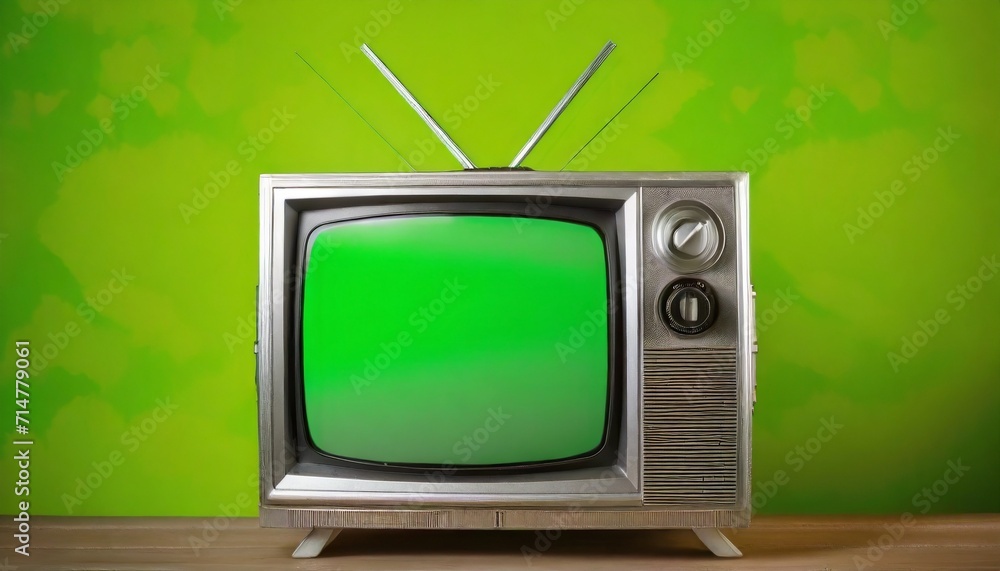 old silver vintage tv with green screen to add new images to the screen vcr on wallpaper background