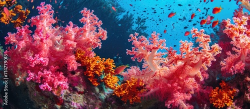 Colorful marine life, including red and pink soft corals, captured in underwater photography of coral reefs during scuba diving. © 2rogan