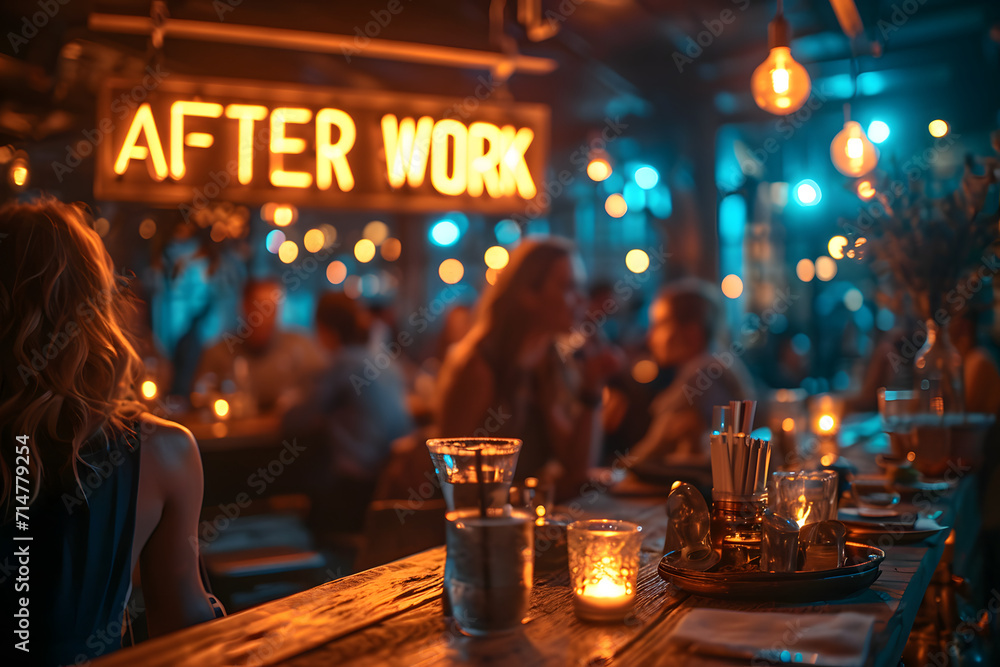 © Yi_Studio - word 'AFTER WORK' placed on a bar with people chatting while having a drink