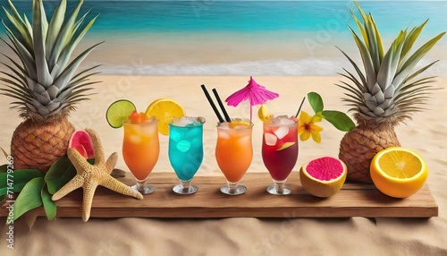tropical cocktails in beach decorations banner