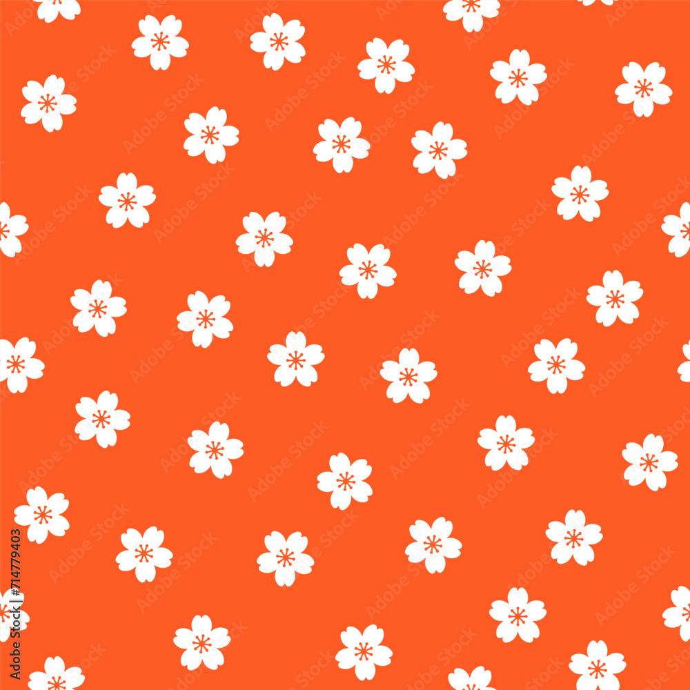 Orange seamless pattern with white sakura flower