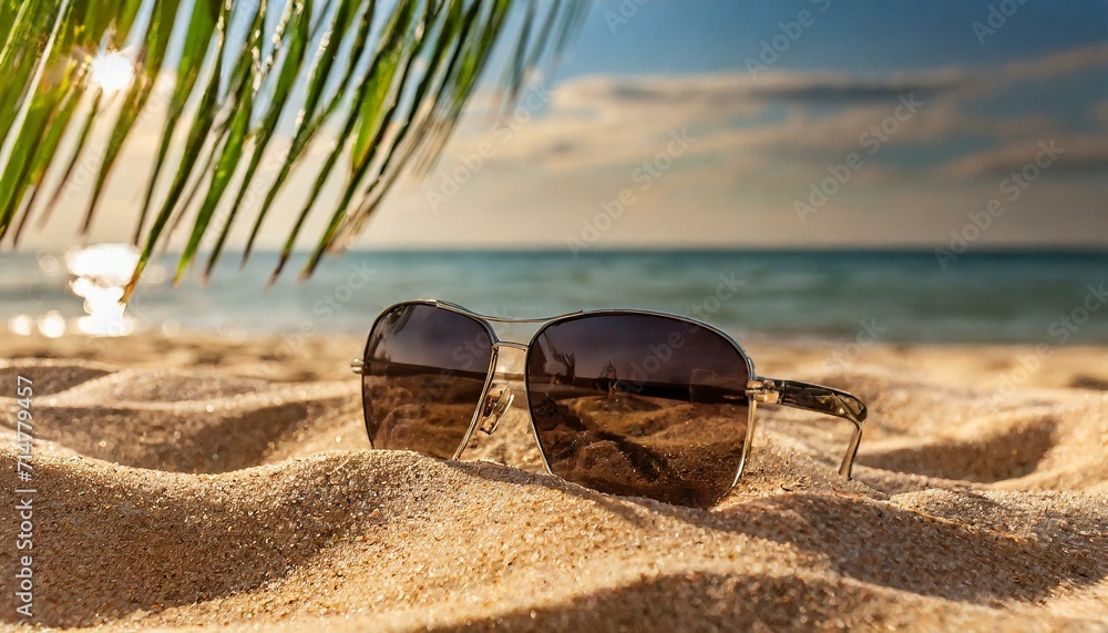 sunglasses on the beach, Sunglasses lie on the sand on the beach in the shade of a palm branch