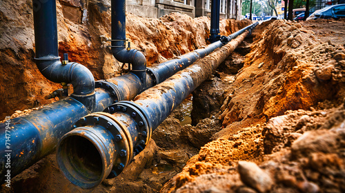 Industrial pipeline construction with tubes and valves, symbolizing energy and water supply infrastructure.