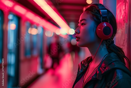 a woman wearing headphones on a subway train photo