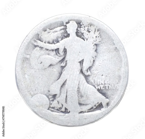 old vintage worn Walking Liberty half dollar is a silver 50 cent piece or half dollar coin that was issued by the United States S Mint from 1916 to 1947 obverse front view isolated on white background