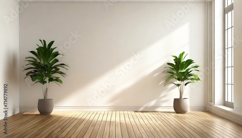 interior of modern living room with empty walls wooden floor plants and sunlight 3d mockup 