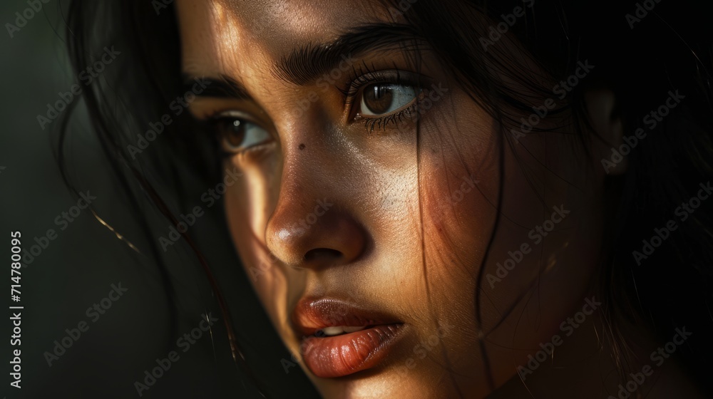 Close up sunset  portrait of attractive woman in dark tone sun shine on her face