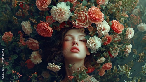 a woman with her eyes closed laying in a flower filled photo