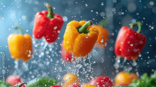 Colorful bell peppers falling into water , Bell peppers dropping in water splashes