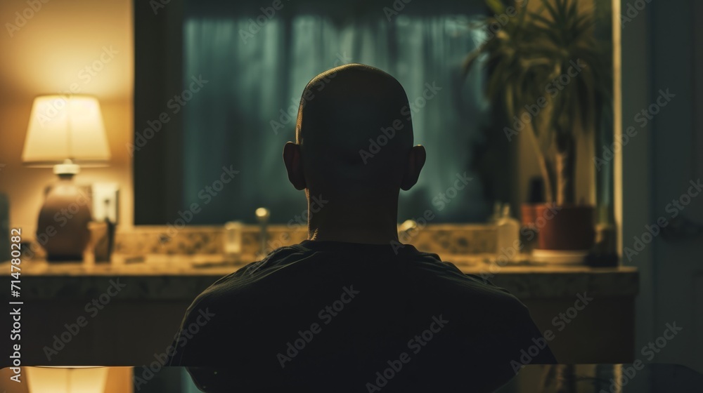 a bald man sitting in front of a mirror in a dark room