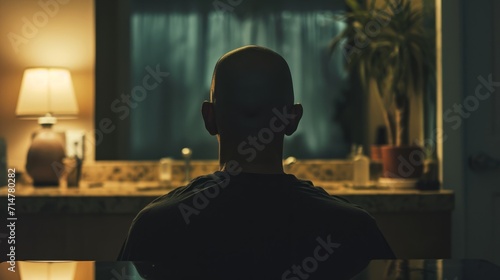 a bald man sitting in front of a mirror in a dark room