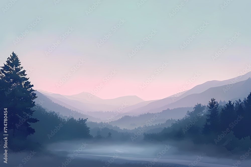 mountains covered in mist under a beautiful pink sky