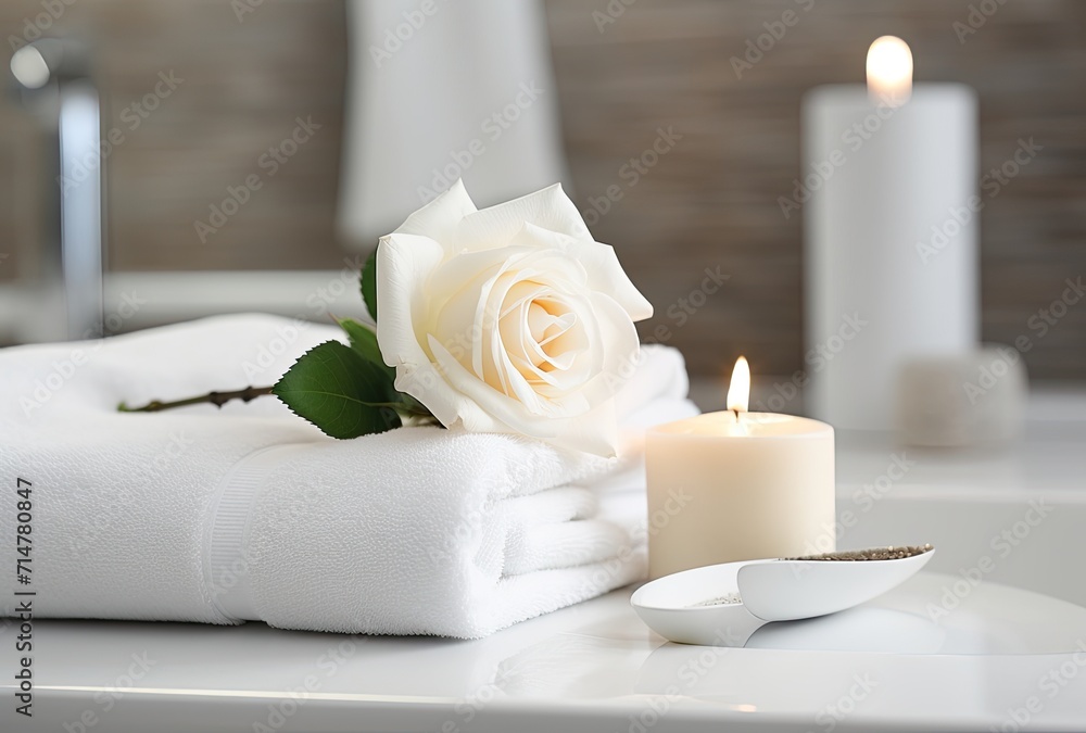 A spa center setting with neatly arranged towels, herbal bags, and various beauty treatment items, creating a serene and inviting atmosphere. A spa center setting with neatly arranged towels, herbal bags, and various beauty treatment items, creating a serene and inviting atmosphere.