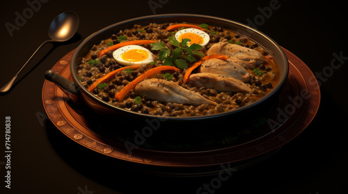 A bowl of hearty chicken and lentil stew, a filling and satisfying meal for breaking fast during Ramadhan