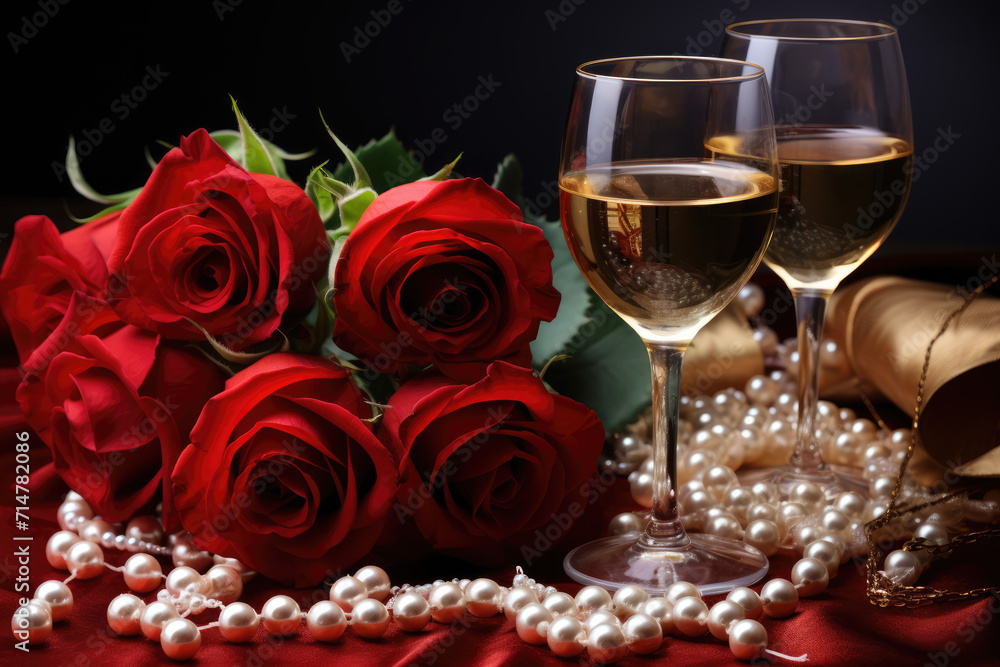 Glamorous Romantic Background Romance with Red Wine, Red Roses, Pearls, and Shimmering Bokeh. Perfect Valentines Wedding Romantic Background for Cards, Banners, Wallpapers