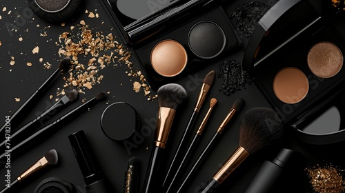 a collection of makeup brushes and powders photo