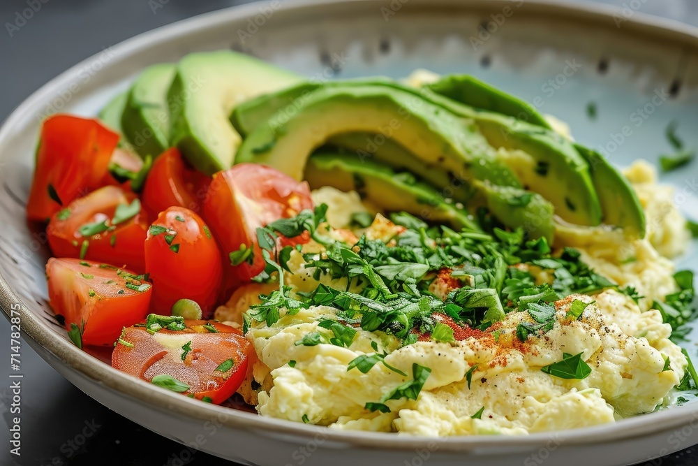 Morning Freshness - A Plate of Scrambled Eggs with Avocado and Tomatoes Morning Freshness - A Plate of Scrambled Eggs with Avocado and Tomatoes