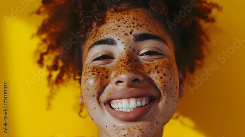 Portrait of a smiling young woman with vitiligo skin over bright orange background looking at camera close up photo