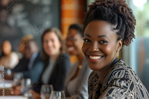 black woman smiling with business people on a meeting  © Yi_Studio