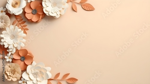 Paper flowers on beige background with copy space. Abstract natural floral frame layout. Wedding invitation. International Women day, Mother Day concept