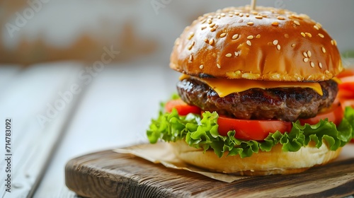 Cheeseburger with tomato and lettuce on white wooden table