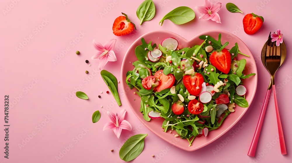 Salad Greens Mix in Heart Shape plate on pink background, Health Concept, Copy Space, Restaurant Valentine's day