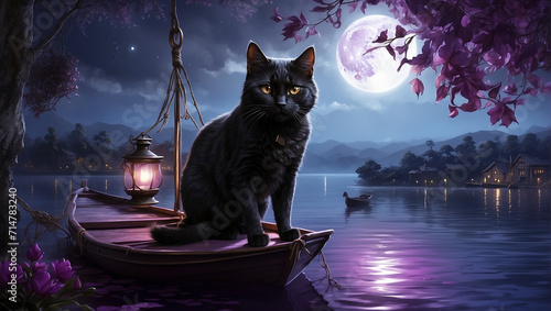cat midnight blue with moon background 