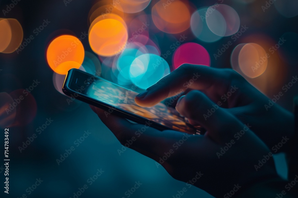 Finger touching phone with social media concept and dark background - obrazy, fototapety, plakaty 