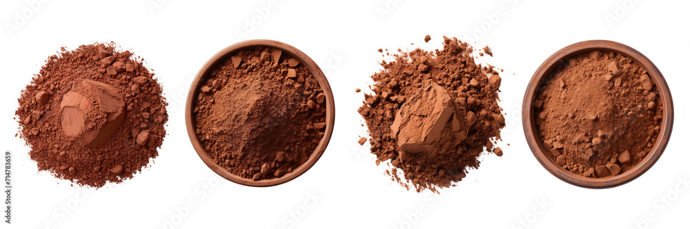 Set of cocoa chocolate powder top view isolated on a transparent background - obrazy, fototapety, plakaty 