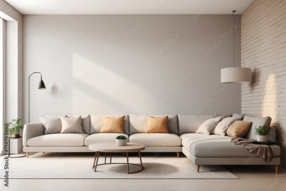 Interior home design of modern living room with gray sofa and round table with blank beige stucco wall mockup