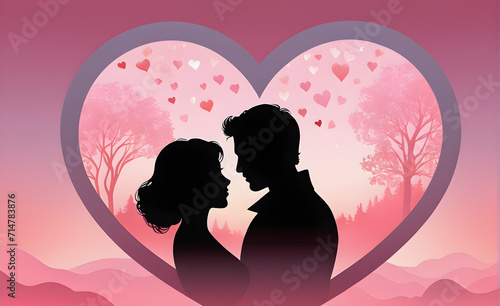 Valentine's Day theme, couple silhouette intertwined with a heart, soft pink background, faint outline of heart shapes floating. Generative AI