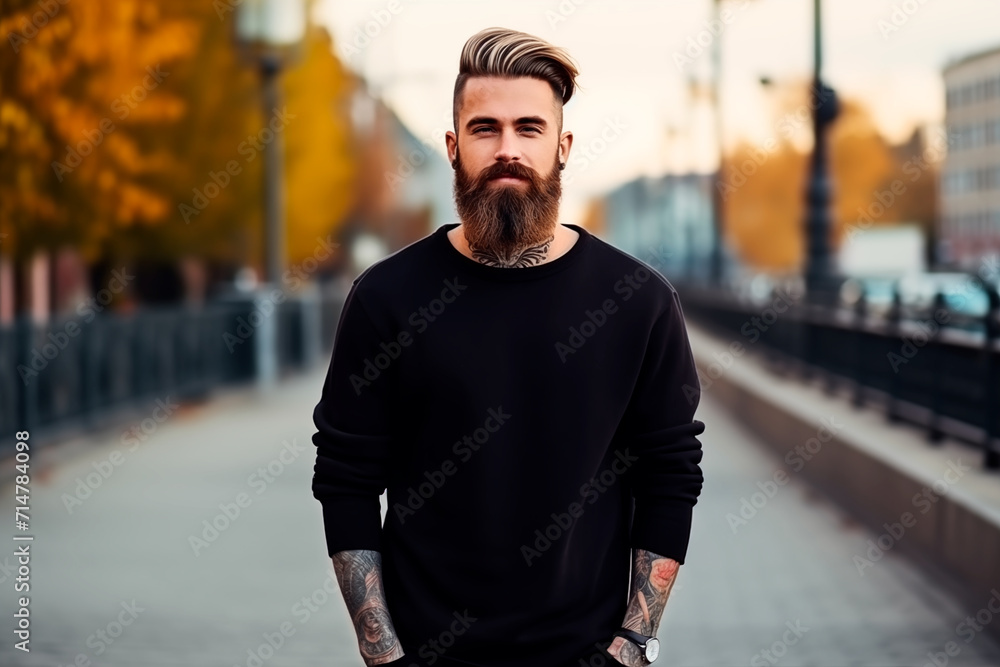 Hipster stylish man standing in the street looking at camera