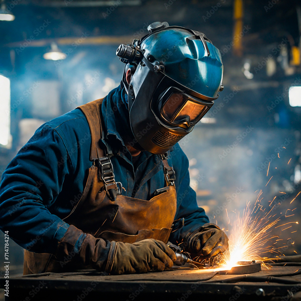 A welder wearing a welder's mask while working. Generative AI