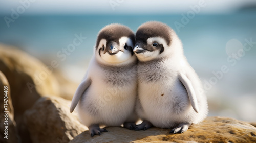 Cute two baby penguins on a rock by the ocean.