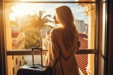 tourist woman standing nearly window, looking to beautiful view with her luggage in hotel bedroom. ai generated