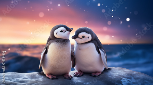 Cute penguin couple on snow in winter. Creative animal concept.