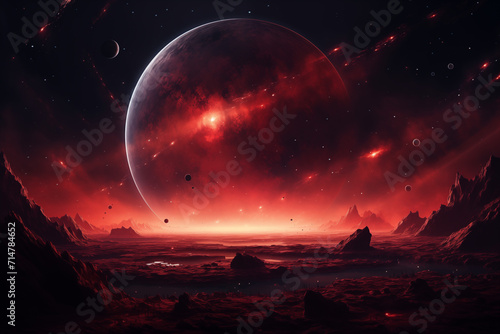 Fremde Welten, Weltall mit Planeten, Monden und einer surrilen Landschaft, Science-Fiction Weltraum © GreenOptix