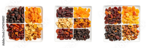 Set of dried fruits on a  square plate top view isolated on a transparent background