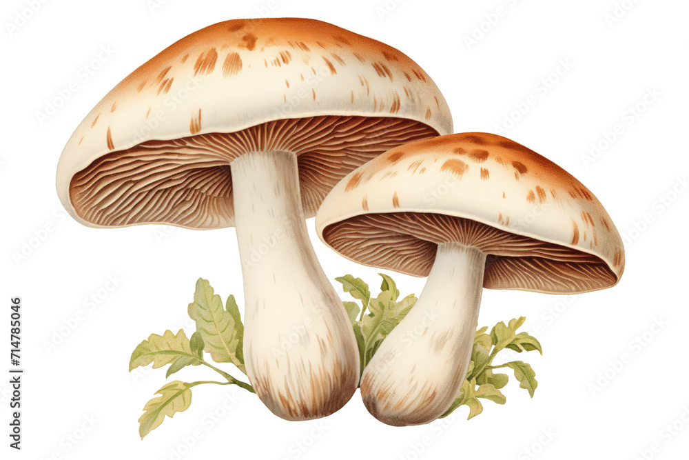 Composition of two mushrooms with grass at the back vintage  botanical book illustration,png