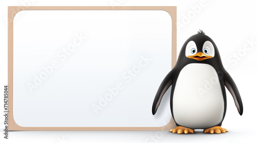 Cute penguin with a plain white blank sign with space for your text. White background. For Valentine's day cards, posters, banners, flyers, etc.