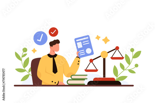 Notary service, approval and legalization of business contract, certificate and diploma. Professional lawyer at table holding paper document to approve and notarize cartoon vector illustration photo
