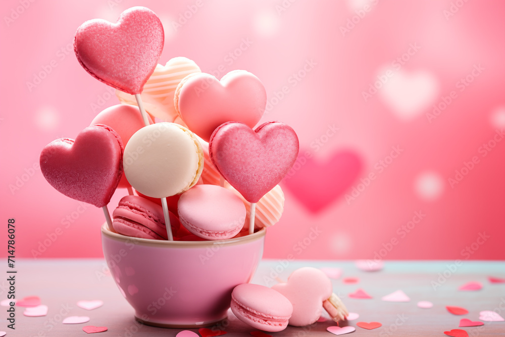 Valentine's Day pastries and sweets, lollipops and macaroons Valentine's Day pastries and sweets, lollipops and macaroons
