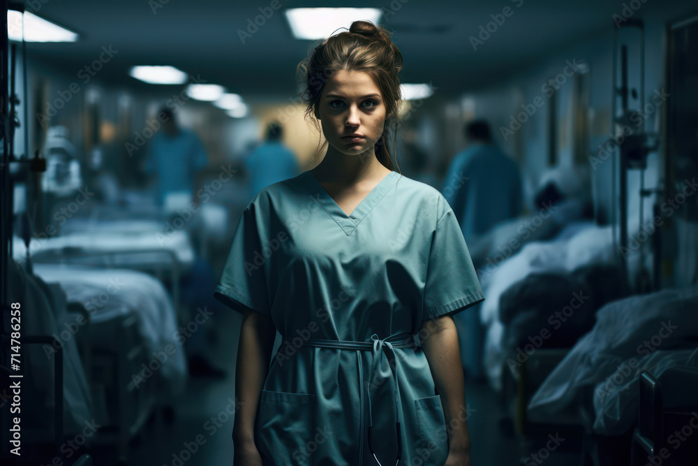 Sad Female Medic Worried and Upset, Sitting Alone in Doctor's Office Sad Female Medic Worried and Upset, Sitting Alone in Doctor's Office