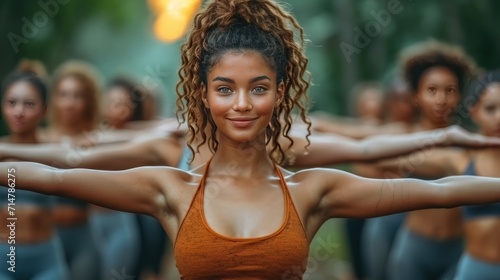 Outdoor Yoga Class. Multiethnic Women Stretching and Breathing Exercises in the Park 