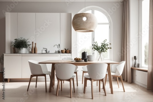 Scandinavian interior home design of modern dining room with chairs  dining table and cupboard with wooden furniture and houseplants near the window