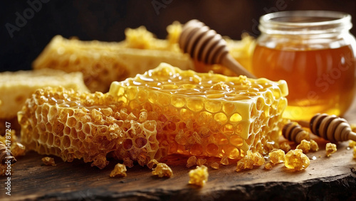 Wallpaper Mural Fresh honeycomb, honeycomb and honey, naturally sweet, real natural honey, real natural honey product Healthy, healthy choices, health products, delicious honeycomb on wooden table,High quality photo, Torontodigital.ca