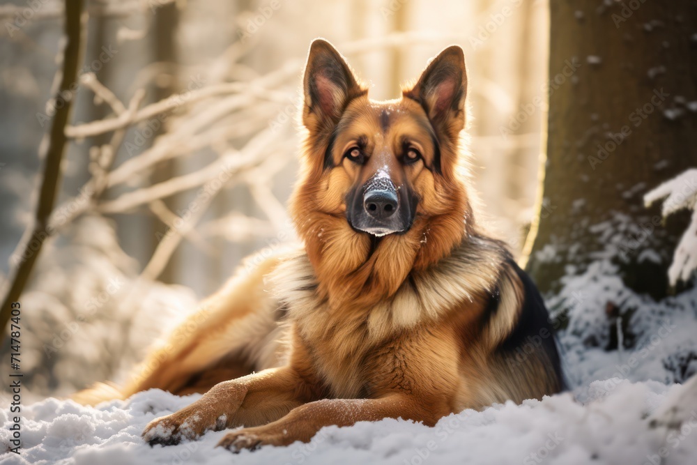 German shepherd breed dog walking in winter forest at sunset German shepherd breed dog walking in winter forest at sunset