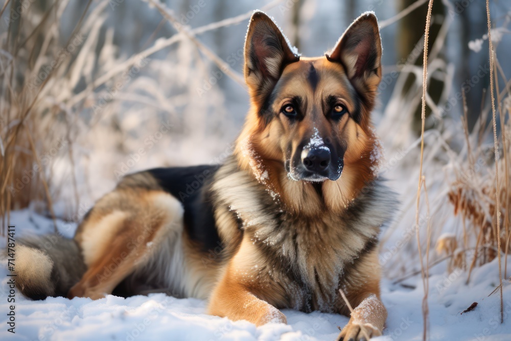 German shepherd breed dog walking in winter forest German shepherd breed dog walking in winter forest