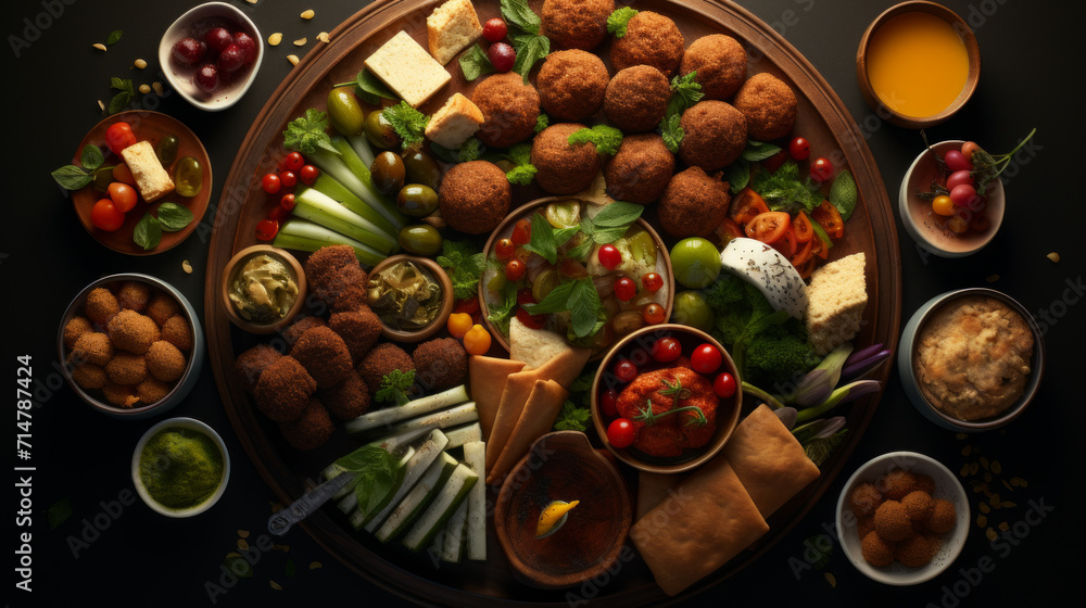 A platter of mixed Arabic mezzes, including falafel, kibbeh, and sambousek, perfect for sharing during Ramadhan