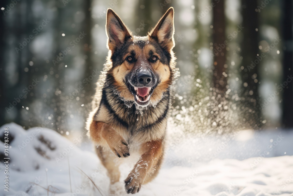 German shepherd breed dog running in winter forest in the snow German shepherd breed dog running in winter forest in the snow